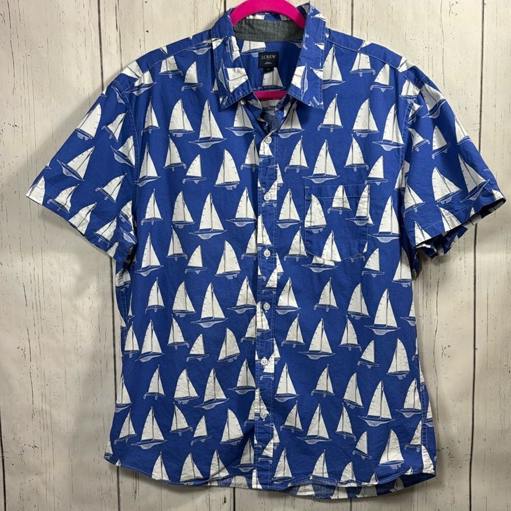 J.Crew Sailboat Print Button Up Shirt Blue Nautical Coastal Preppy Old Money XL